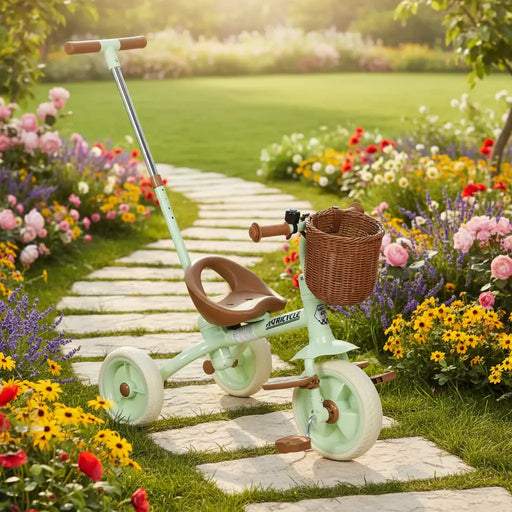 2-in-1 Kids Tricycle – Green and Brown Toddler Trike | Push Handle and Wicker Basket AIYAPLAY - Little and Giant Explorers AIYAPLAY