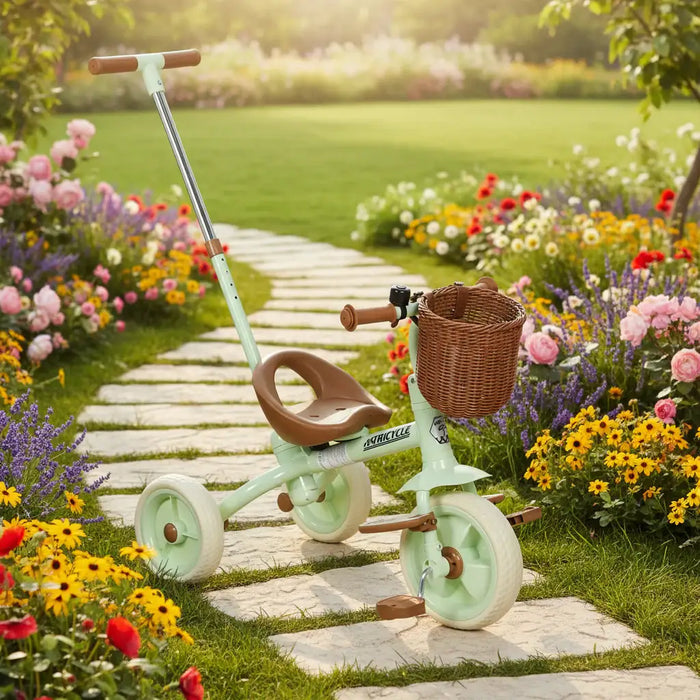 2-in-1 Kids Tricycle – Green and Brown Toddler Trike | Push Handle and Wicker Basket AIYAPLAY - Little and Giant Explorers AIYAPLAY