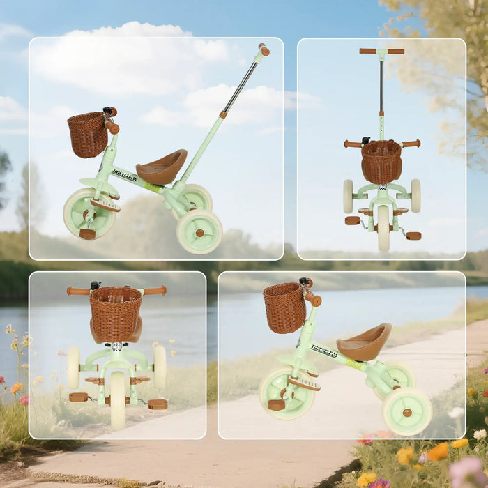 2-in-1 Kids Tricycle – Green and Brown Toddler Trike | Push Handle and Wicker Basket AIYAPLAY - Little and Giant Explorers AIYAPLAY