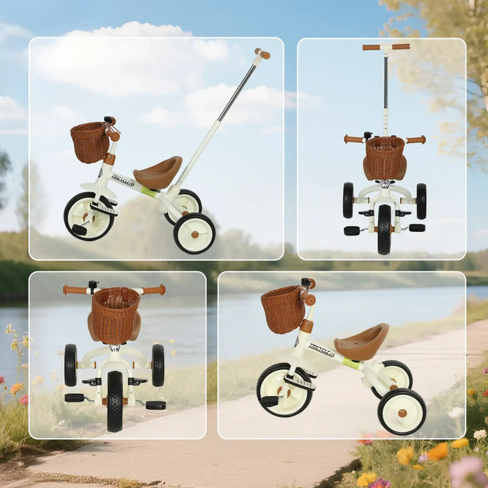 2-in-1 Kids Tricycle – White and Brown Toddler Trike | Push Handle and Wicker Basket AIYAPLAY - Little and Giant Explorers AIYAPLAY