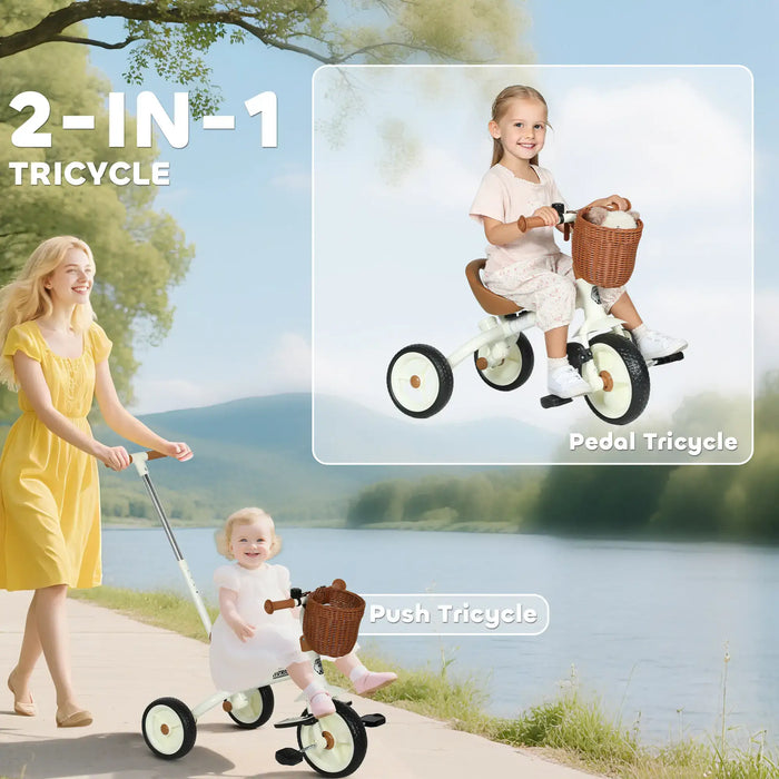 2-in-1 Kids Tricycle – White and Brown Toddler Trike | Push Handle and Wicker Basket AIYAPLAY - Little and Giant Explorers AIYAPLAY