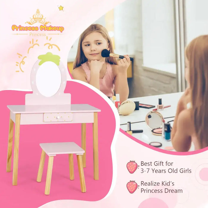 2-in-1 Kids Vanity Set – Pink | Strawberry-Shaped Mirror - Removable Top and Storge Drawer COSTWAY - Little and Giant Explorers Costway