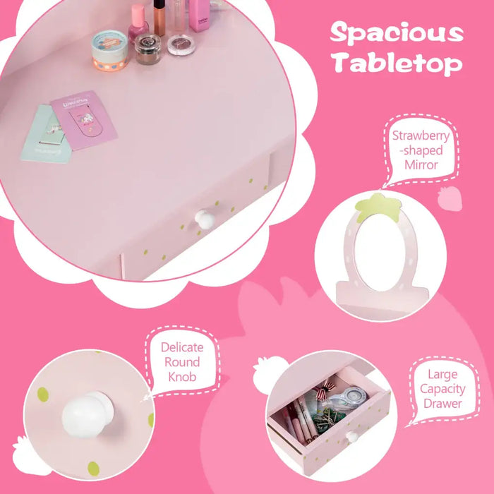 2-in-1 Kids Vanity Set – Pink | Strawberry-Shaped Mirror - Removable Top and Storge Drawer COSTWAY - Little and Giant Explorers Costway