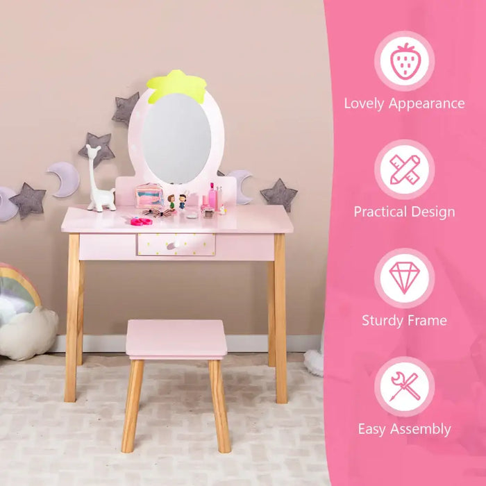 2-in-1 Kids Vanity Set – Pink | Strawberry-Shaped Mirror - Removable Top and Storge Drawer COSTWAY - Little and Giant Explorers Costway
