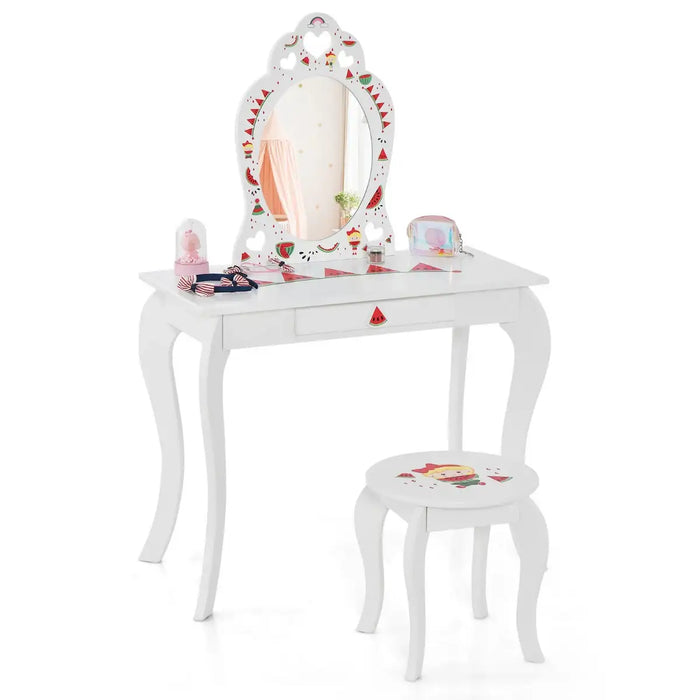 2-in-1 Kids Vanity Set – White | Watermelon-Design - Detachable Mirror and Stool COSTWAY - Little and Giant Explorers Costway