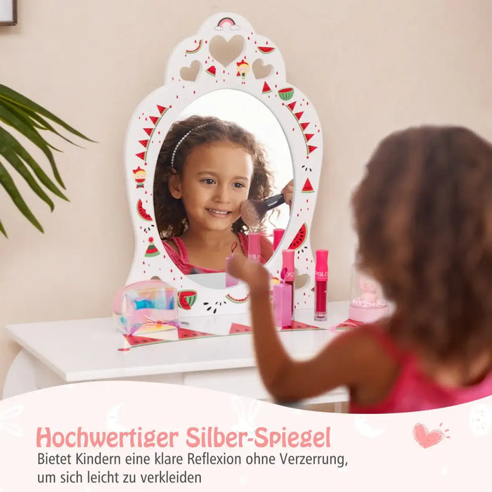 2-in-1 Kids Vanity Set – White | Watermelon-Design - Detachable Mirror and Stool COSTWAY - Little and Giant Explorers Costway