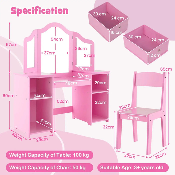 2-in-1 Kids Vanity Table and Chair Set – Pink | Removable Mirror Dressing Table COSTWAY - Little and Giant Explorers Costway