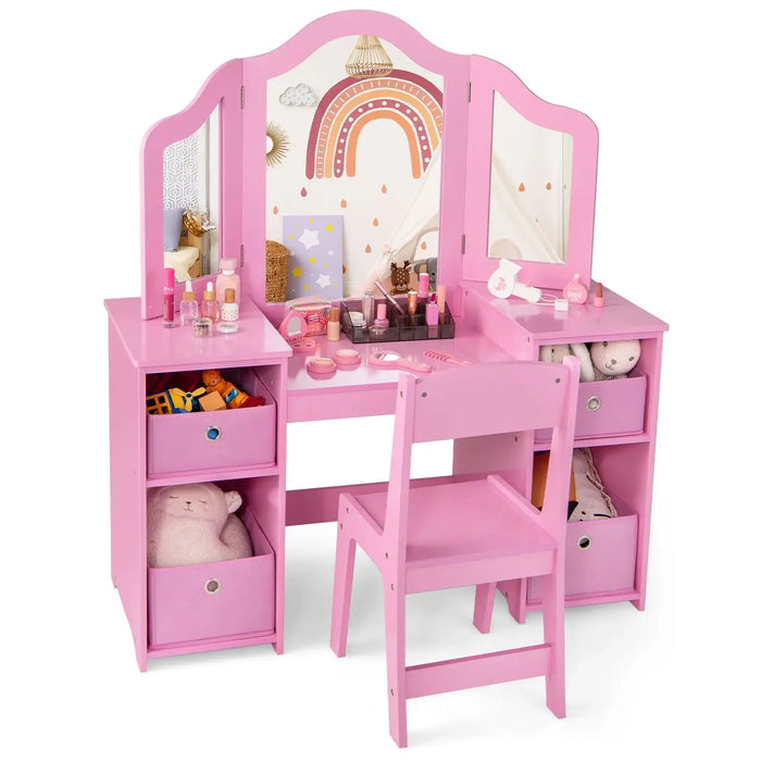 2-in-1 Kids Vanity Table and Chair Set – Pink | Removable Mirror Dressing Table COSTWAY - Little and Giant Explorers Costway