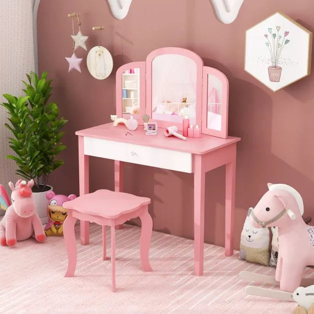 2-in-1 Kids Vanity Table – Pink | Princess Makeup Dressing Desk and Stool Set COSTWAY - Little and Giant Explorers Costway