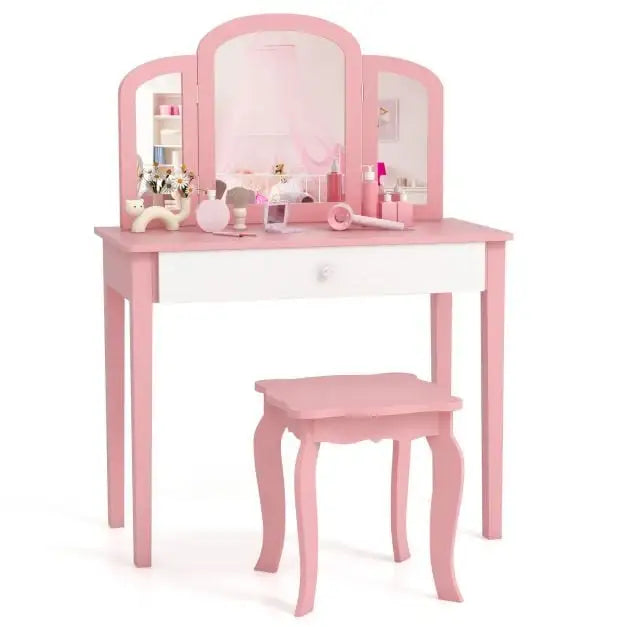 2-in-1 Kids Vanity Table – Pink | Princess Makeup Dressing Desk and Stool Set COSTWAY - Little and Giant Explorers Costway