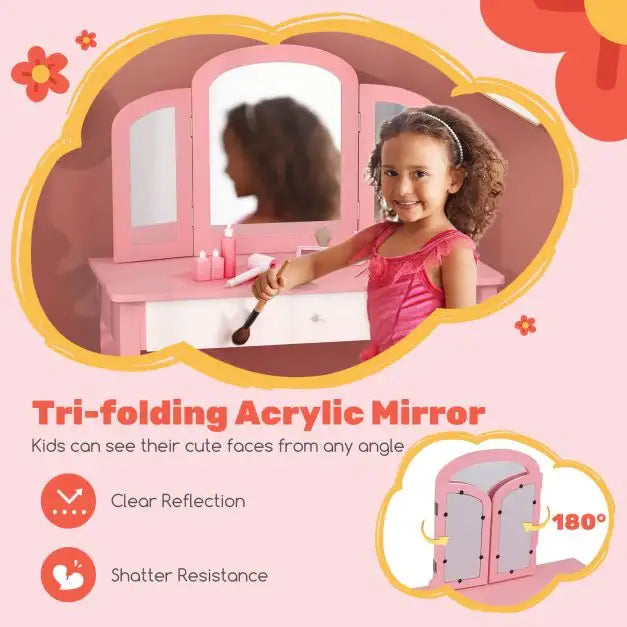 2-in-1 Kids Vanity Table – Pink | Princess Makeup Dressing Desk and Stool Set COSTWAY - Little and Giant Explorers Costway
