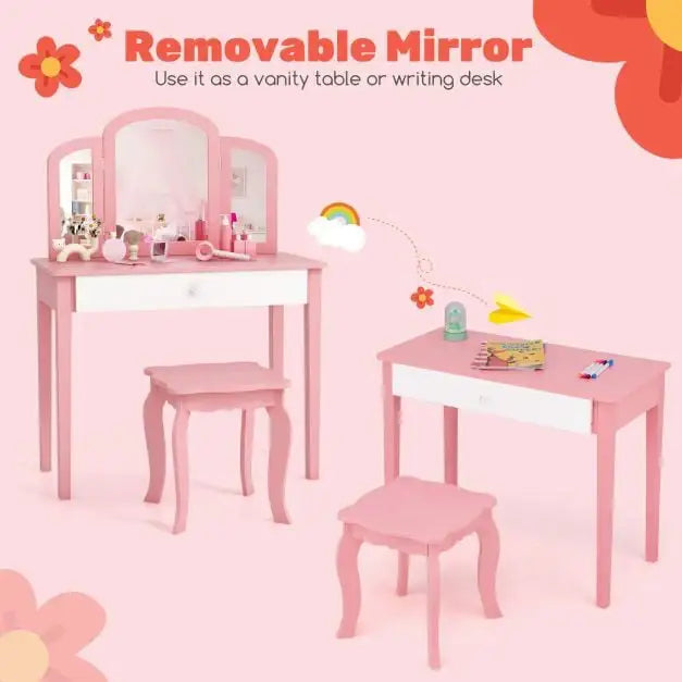 2-in-1 Kids Vanity Table – Pink | Princess Makeup Dressing Desk and Stool Set COSTWAY - Little and Giant Explorers Costway