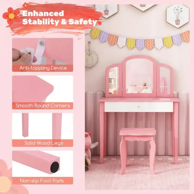 2-in-1 Kids Vanity Table – Pink | Princess Makeup Dressing Desk and Stool Set COSTWAY - Little and Giant Explorers Costway