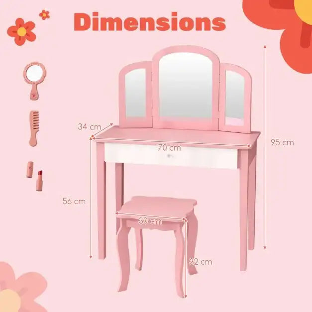 2-in-1 Kids Vanity Table – Pink | Princess Makeup Dressing Desk and Stool Set COSTWAY - Little and Giant Explorers Costway
