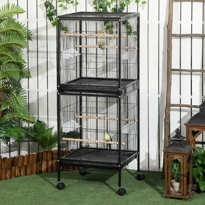 2-in-1 Large Bird Cage with Wheels – Black | Convertible Dual Budgie and Finch Cage PAWHUT - Little and Giant Explorers PawHut