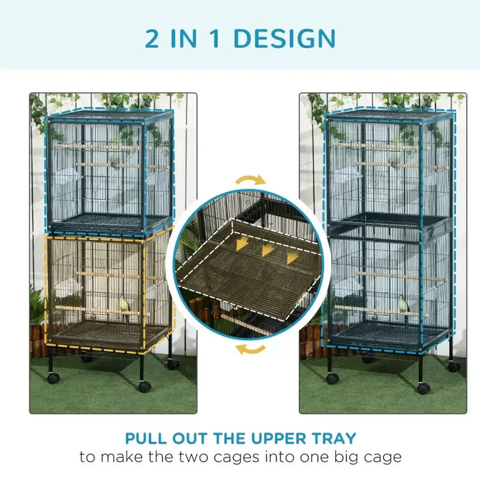 2-in-1 Large Bird Cage with Wheels – Black | Convertible Dual Budgie and Finch Cage PAWHUT - Little and Giant Explorers PawHut