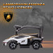 White Lamborghini Essenza SCV12 kids ride-on car with handle, Lamborghini logo, grey background.
