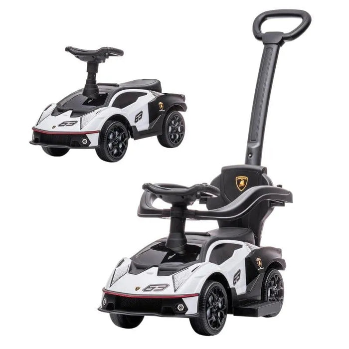 White Lamborghini Essenza SCV12 kids ride-on car with push handle and foot-to-floor option
