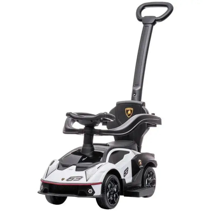 White Lamborghini Essenza SCV12 kids ride-on car with push handle and black accents