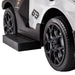 Close-up of white Lamborghini Essenza SCV12 kids ride-on car with black wheels
