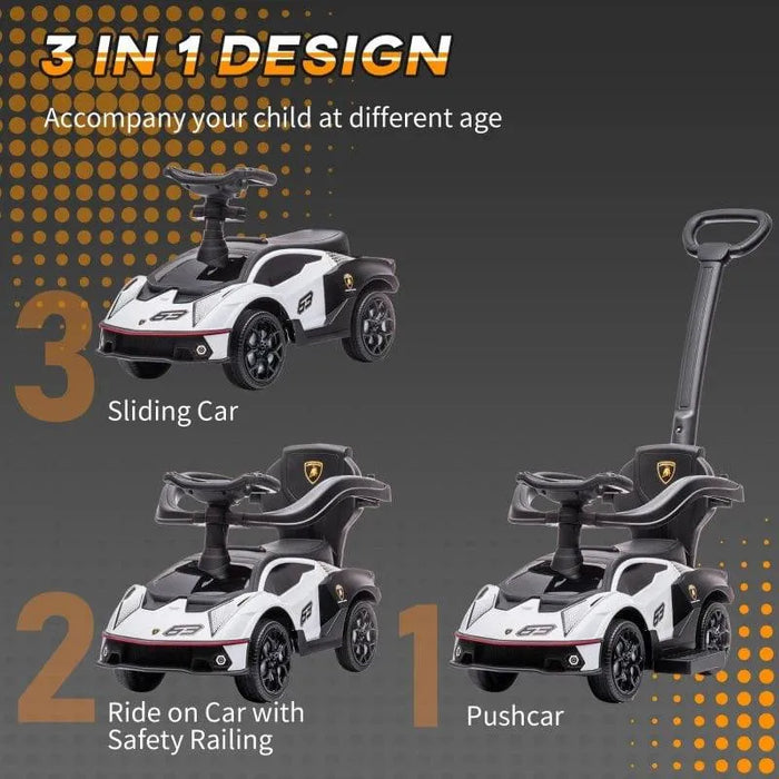 3-in-1 licensed Lamborghini Essenza SCV12 kids ride-on car in white, shown as pushcar, ride-on with safety railing, and sliding car.