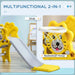Yellow lion-themed toddler slide with basketball hoop, indoor 2-in-1 playset