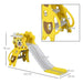 Yellow lion-themed toddler slide with basketball hoop, detailed with dimensions and measurements.