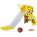 Yellow lion-themed toddler slide with basketball hoop, ball, and pump for ages 18-36 months