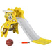 Yellow lion-themed toddler slide with basketball hoop, ball, and pump set.