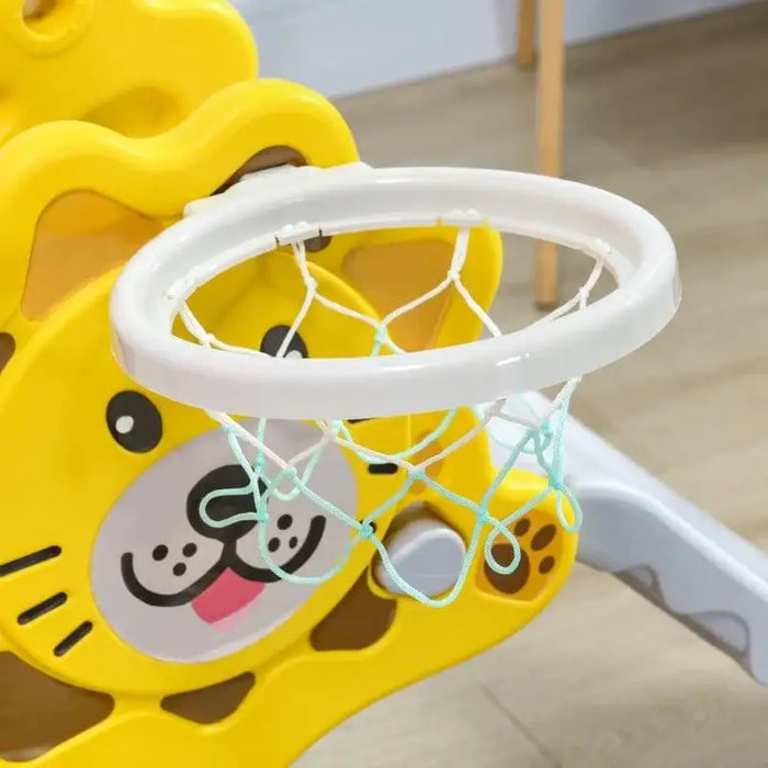 Lion-themed yellow toddler slide with basketball hoop for ages 18-36 months indoors