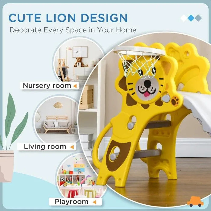 Yellow lion-themed toddler slide with basketball hoop in playroom, nursery, and living room.