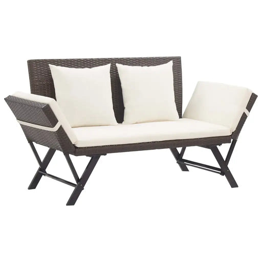 2-in-1 outdoor rattan garden bench with adjustable sides and cream cushions