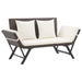 2-in-1 outdoor rattan garden bench with adjustable sides and cream cushions