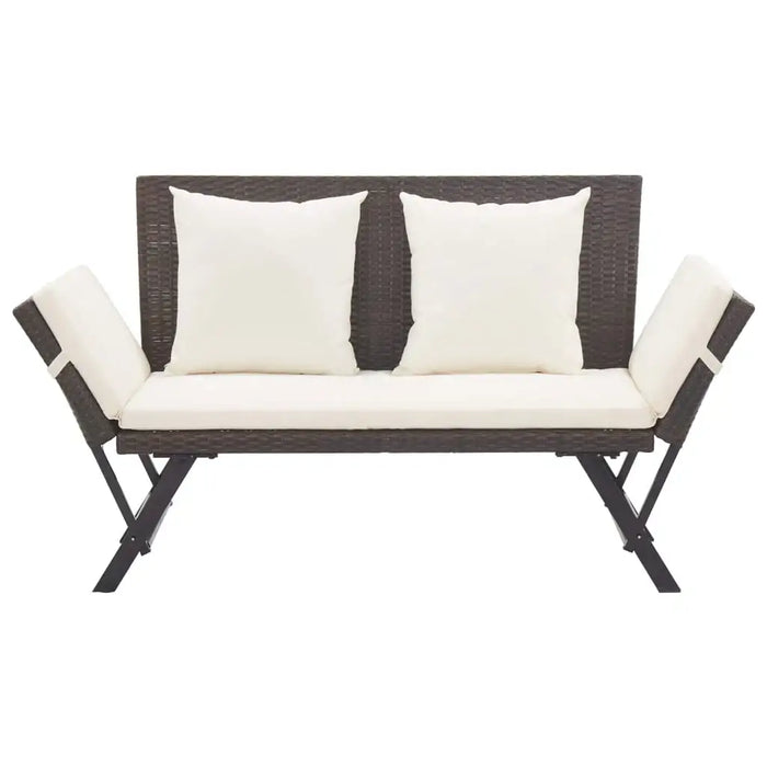 2-in-1 rattan outdoor garden bench with adjustable sides and cream cushions