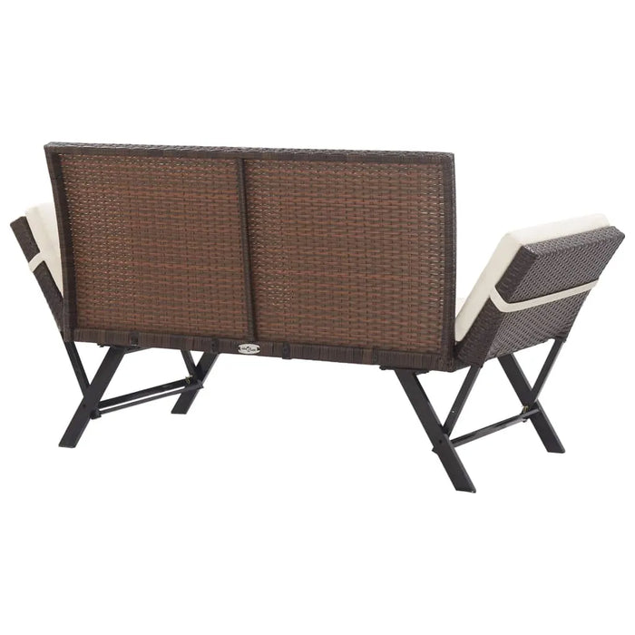 Brown rattan 2-in-1 garden bench with adjustable cushioned sides, outdoor furniture