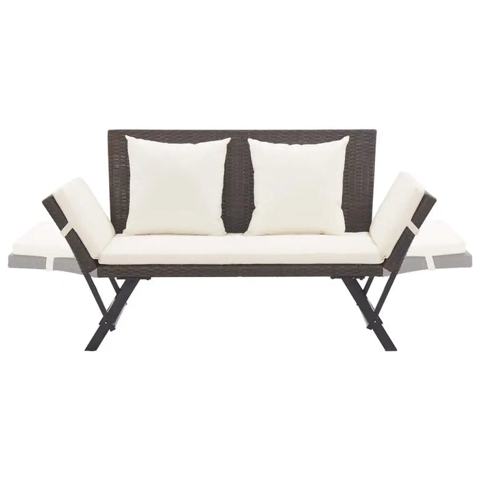 2-in-1 outdoor rattan garden bench convertible day bed with white cushions and adjustable sides