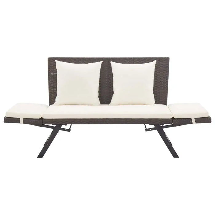 Outdoor rattan garden bench convertible to day bed with adjustable sides and cream cushions