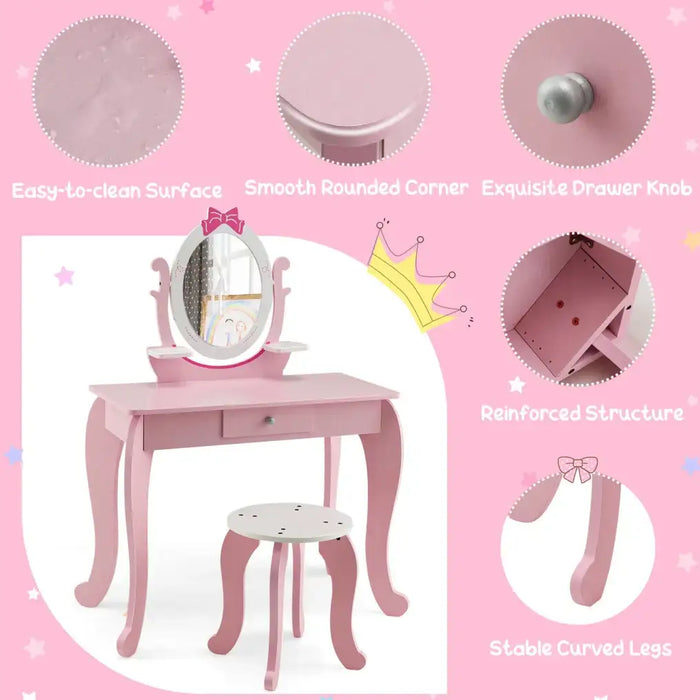 2-in-1 Princess Dressing Table with Mirror - Pink and White | Table and Stool Set COSTWAY - Little and Giant Explorers Costway