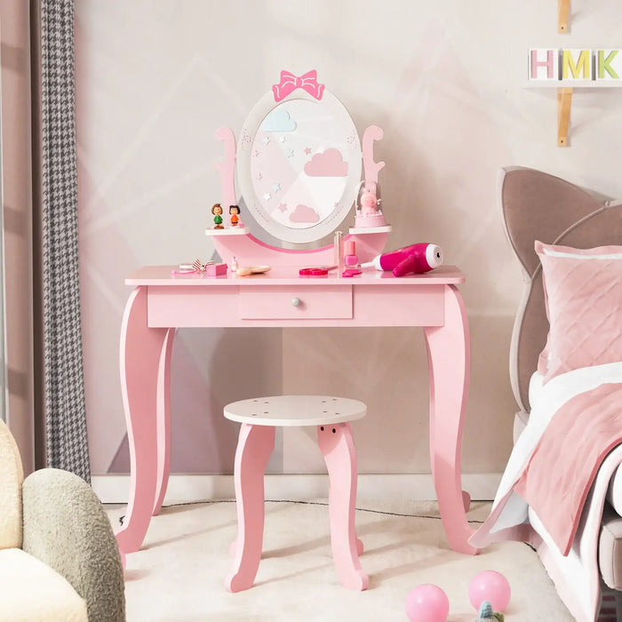 2-in-1 Princess Dressing Table with Mirror - Pink and White | Table and Stool Set COSTWAY - Little and Giant Explorers Costway