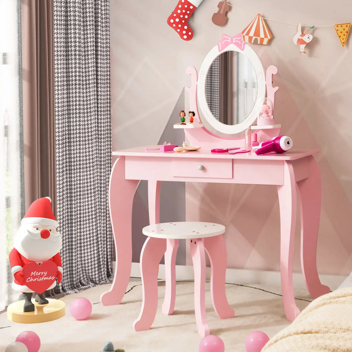 2-in-1 Princess Dressing Table with Mirror - Pink and White | Table and Stool Set COSTWAY - Little and Giant Explorers Costway