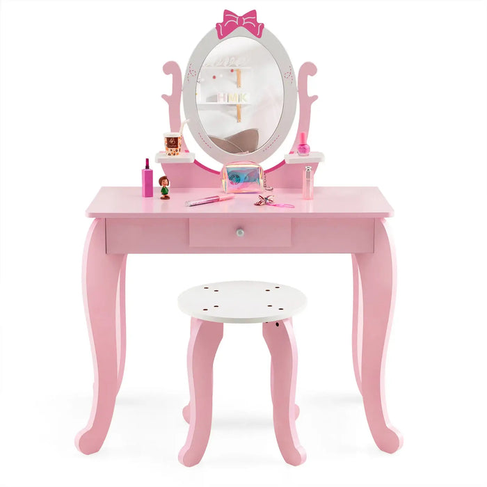 2-in-1 Princess Dressing Table with Mirror - Pink and White | Table and Stool Set COSTWAY - Little and Giant Explorers Costway