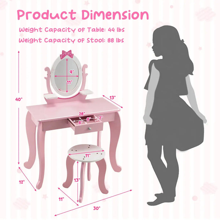 2-in-1 Princess Dressing Table with Mirror - Pink and White | Table and Stool Set COSTWAY - Little and Giant Explorers Costway