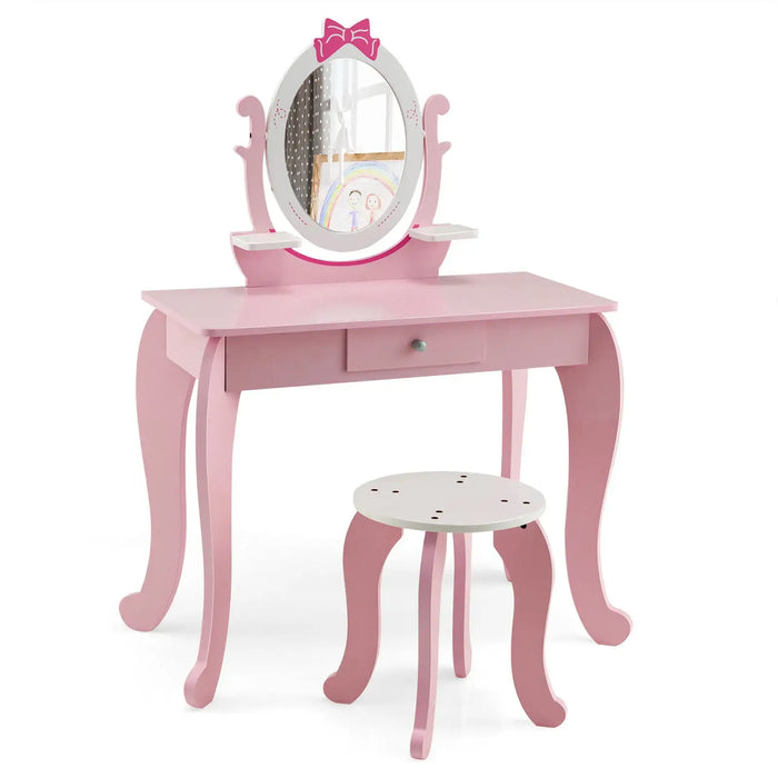 2-in-1 Princess Dressing Table with Mirror - Pink and White | Table and Stool Set COSTWAY - Little and Giant Explorers Costway