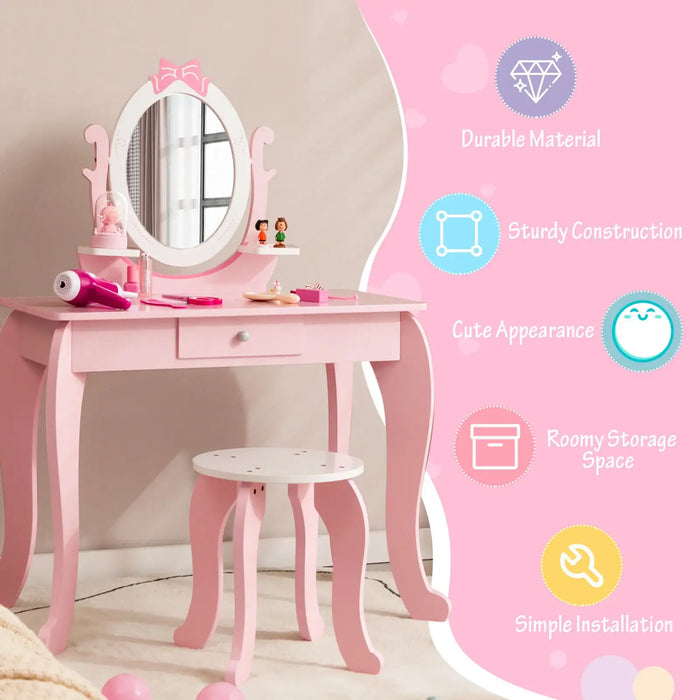 2-in-1 Princess Dressing Table with Mirror - Pink and White | Table and Stool Set COSTWAY - Little and Giant Explorers Costway