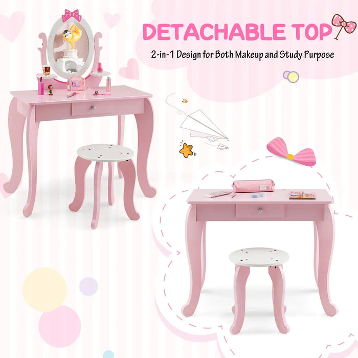 2-in-1 Princess Dressing Table with Mirror - Pink and White | Table and Stool Set COSTWAY - Little and Giant Explorers Costway