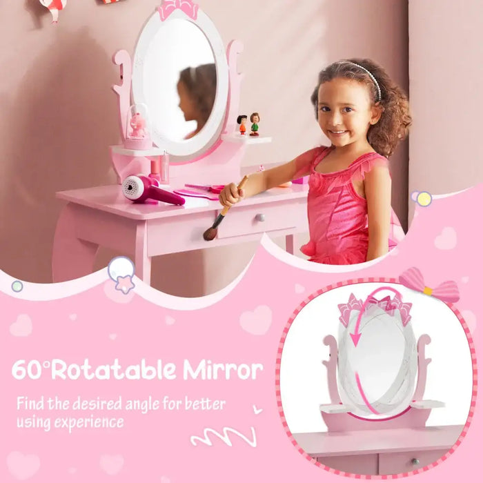 2-in-1 Princess Dressing Table with Mirror - Pink and White | Table and Stool Set COSTWAY - Little and Giant Explorers Costway