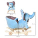 Blue plush elephant 2-in-1 rocking horse with wooden base, wheels, and size dimensions shown