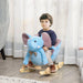 Child riding blue plush elephant 2-in-1 rocking horse in bright nursery room