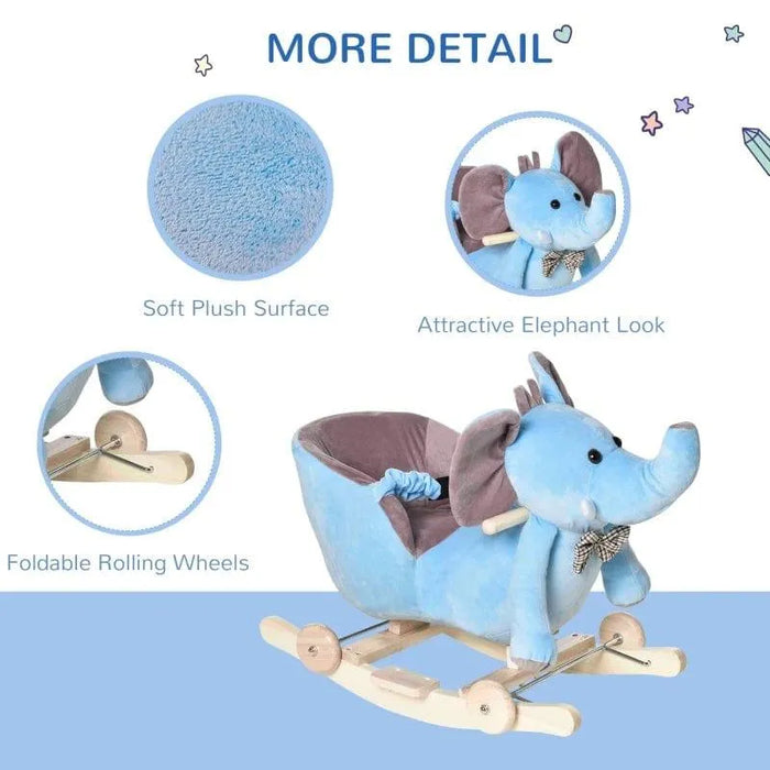 Blue plush elephant rocking horse with foldable wheels and soft surface, nursery toy