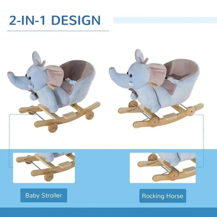 Blue plush elephant 2-in-1 rocking horse and baby stroller with wooden base